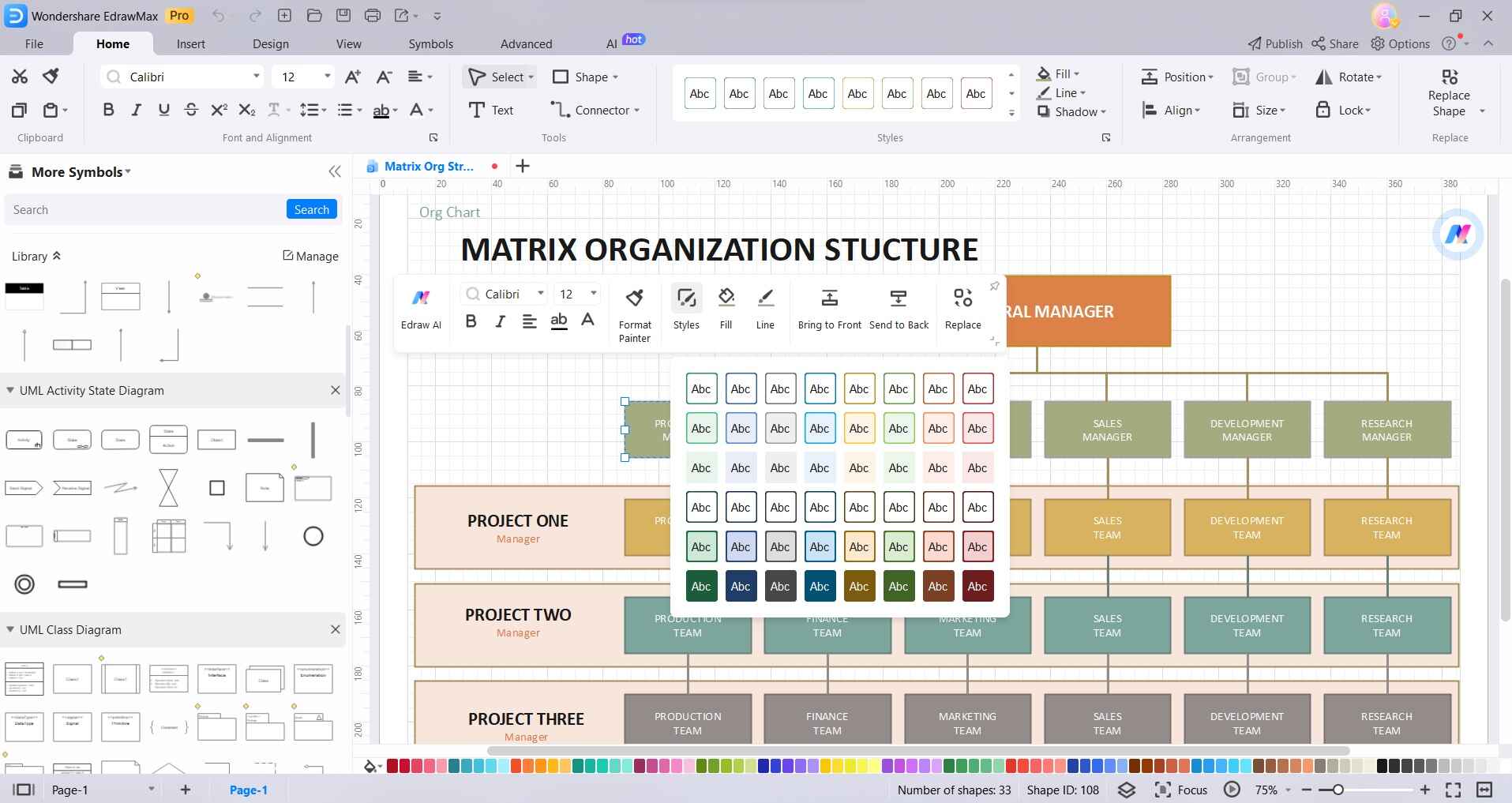 format color and style of a matrix org chart