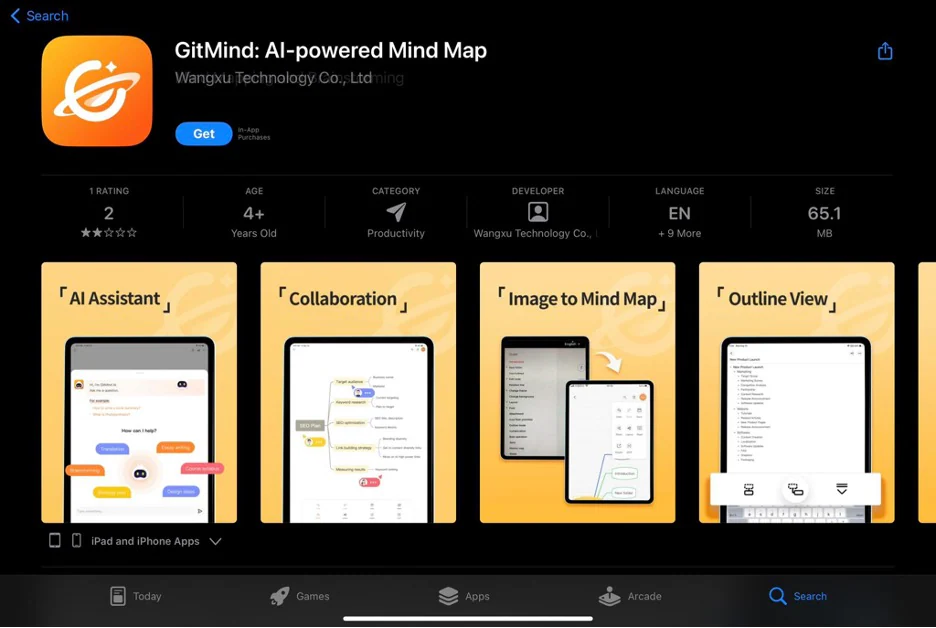 gitmind en la página de la app store de ipad