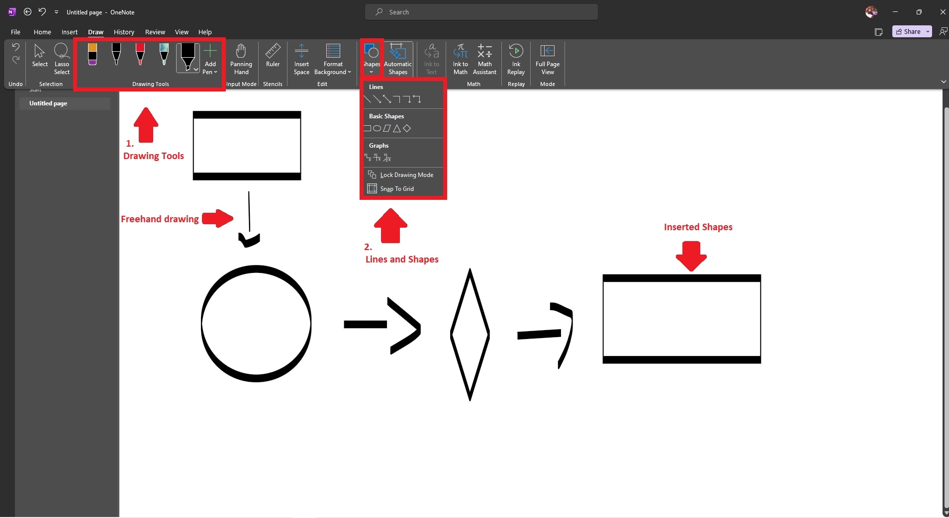 onenote draw and shape tools