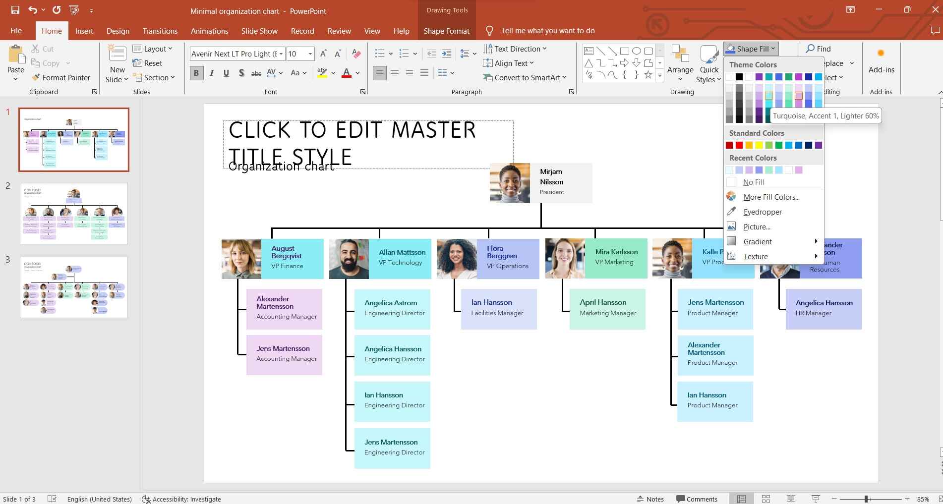 format color and style of org chart ppt