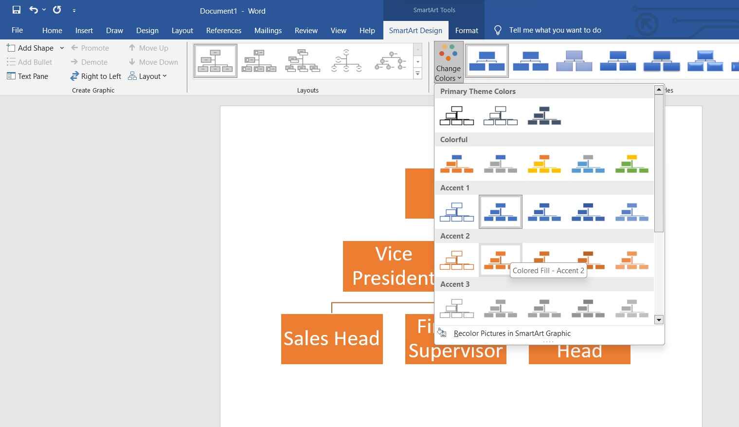 format the org chart in word