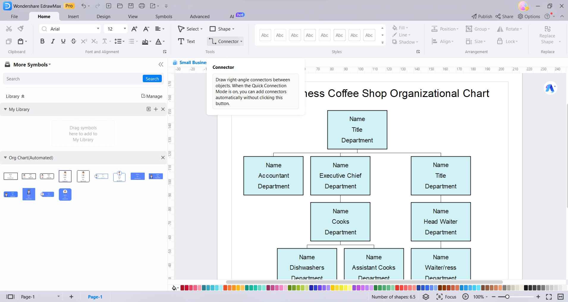 add connectors to the org chart of the coffee shop
