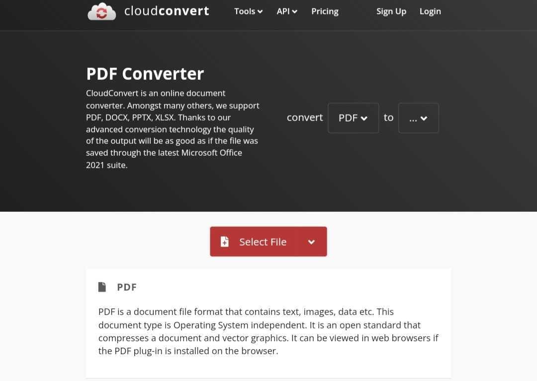 cloudconvert pdf converter online interface