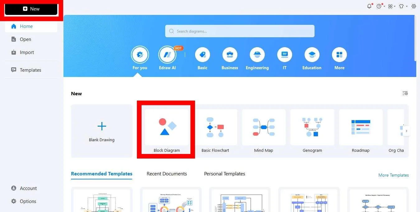 open edrawmax and click block diagram