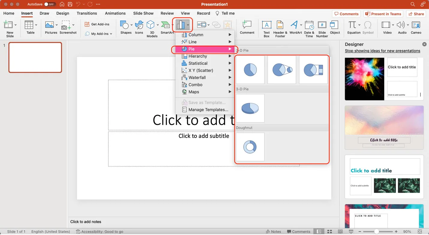 menú de insertar gráfico de powerpoint