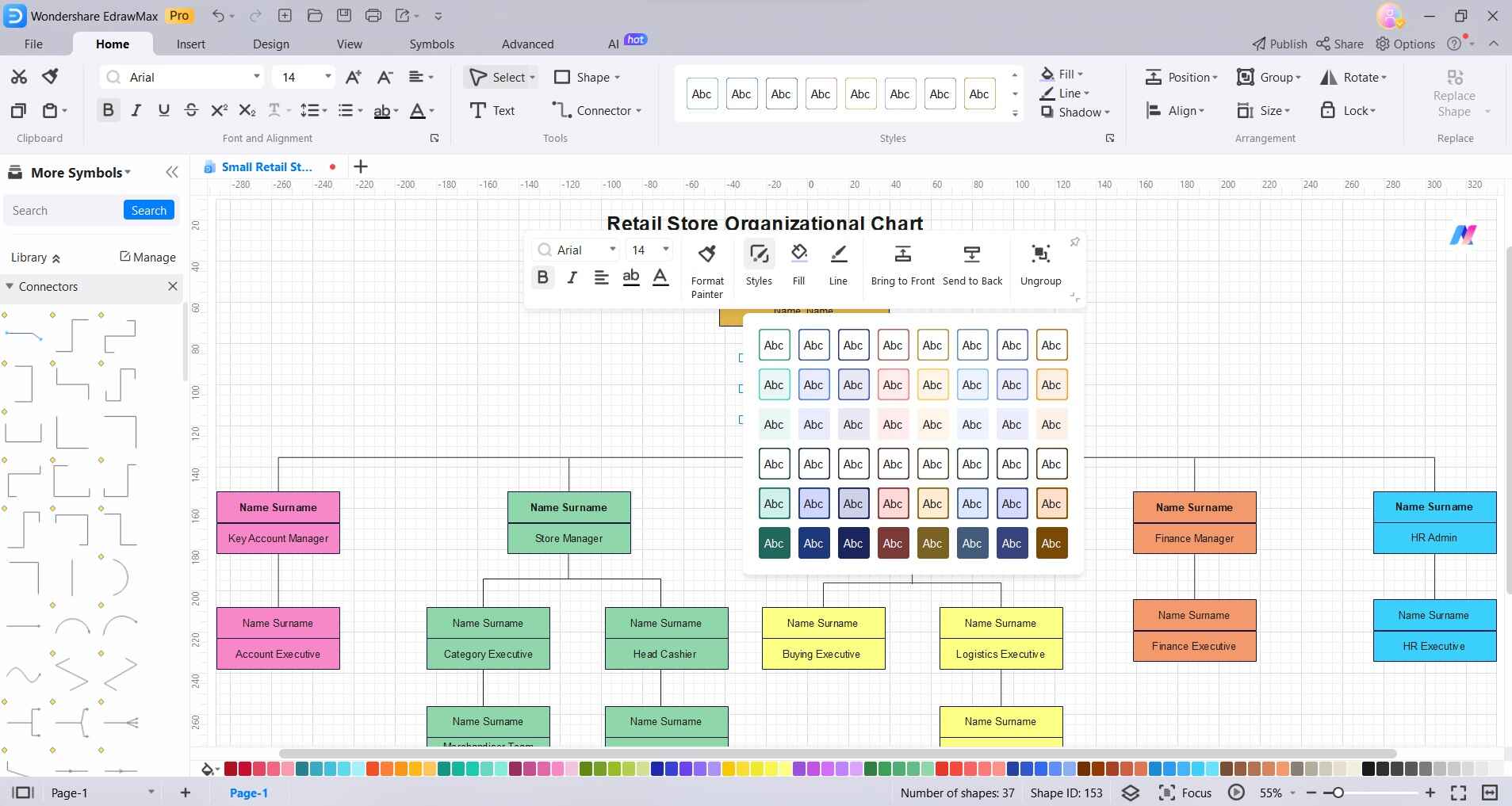 format color and style of the org chart