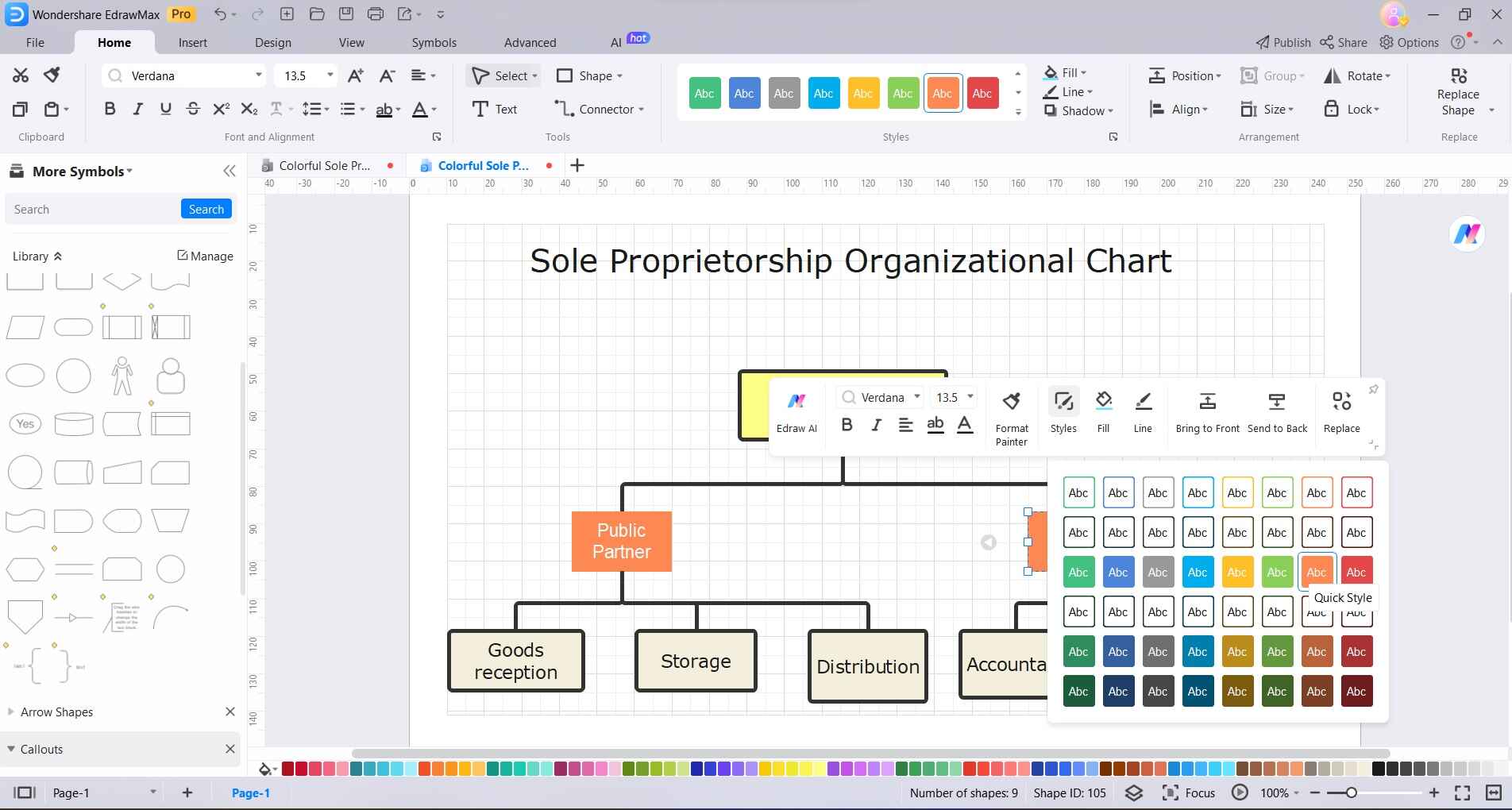 format color and style of the org chart