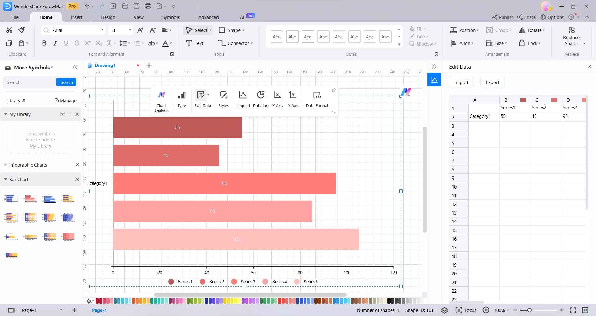 edita los datos y valores en el gráfico de barras apiladas