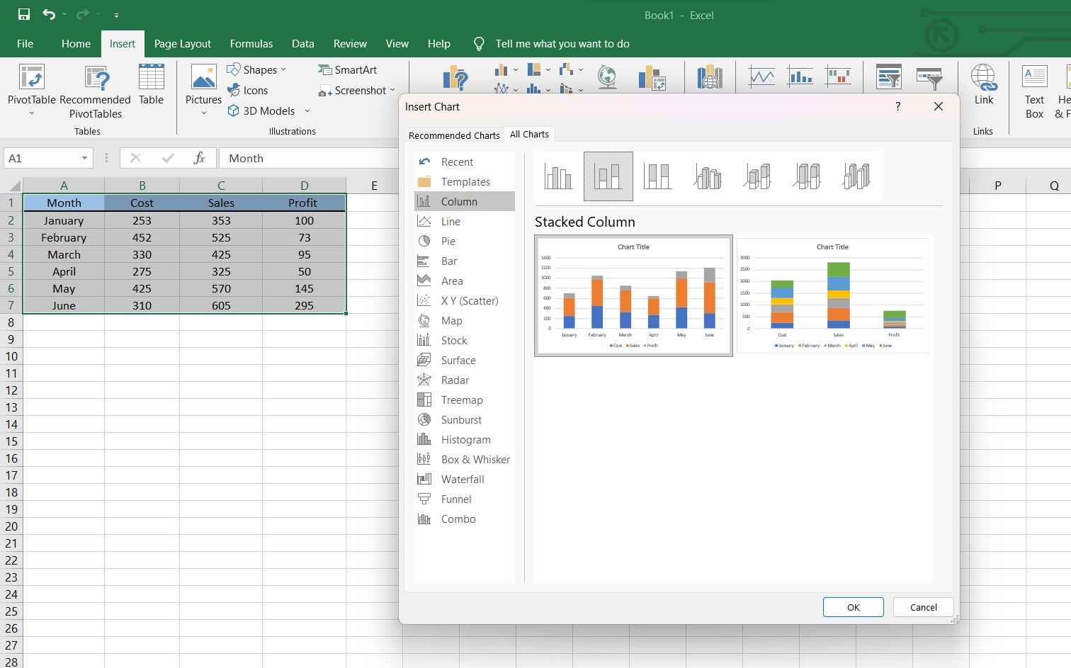 insert stacked bar chart in excel