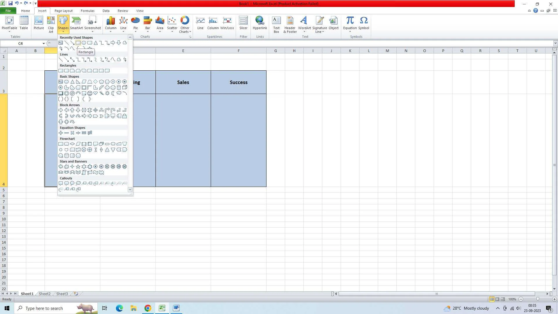 inserción de formas para el diagrama de flujo de carriles en excel