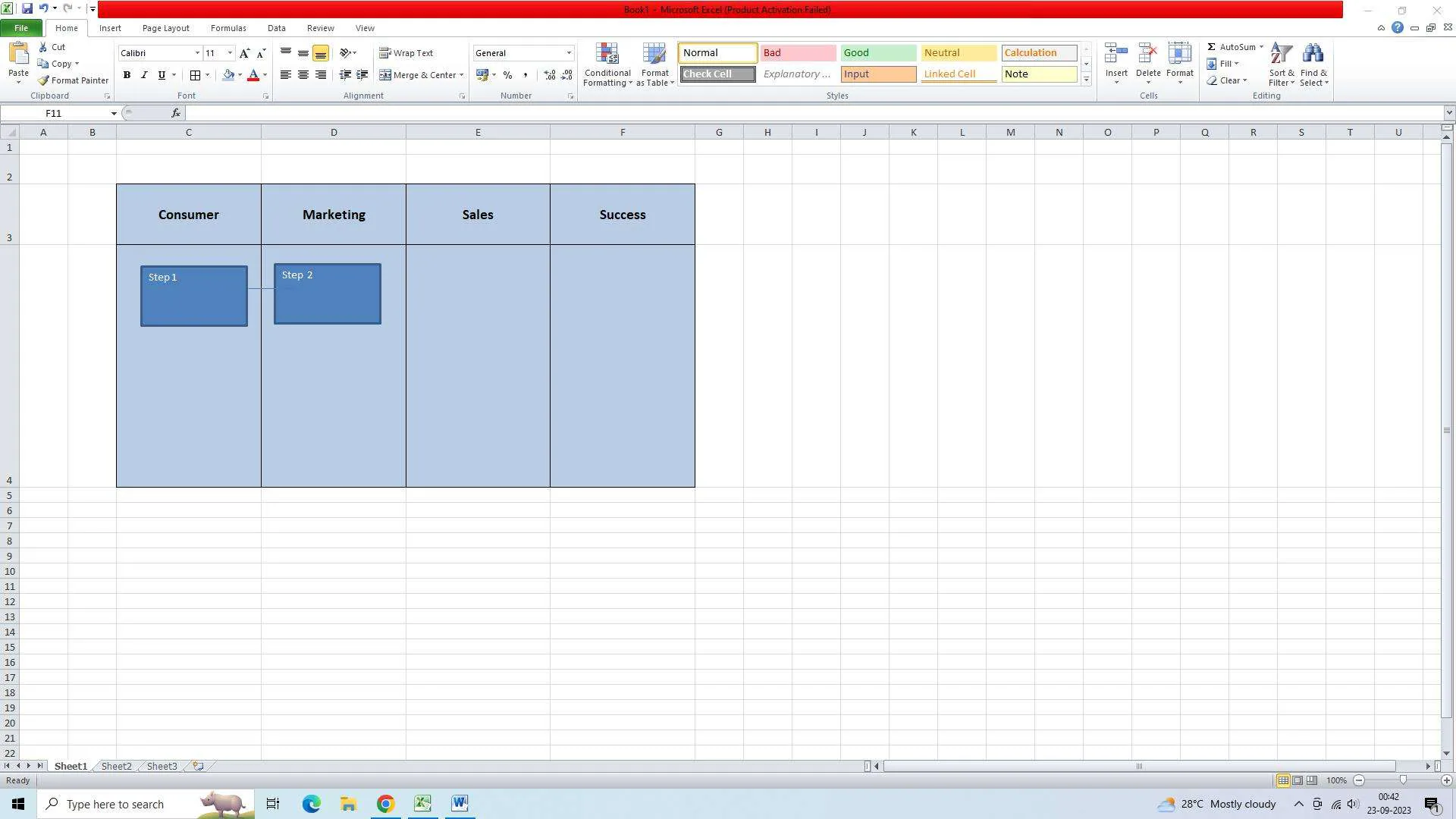 arrow inserted for swimlane flowchart in excel