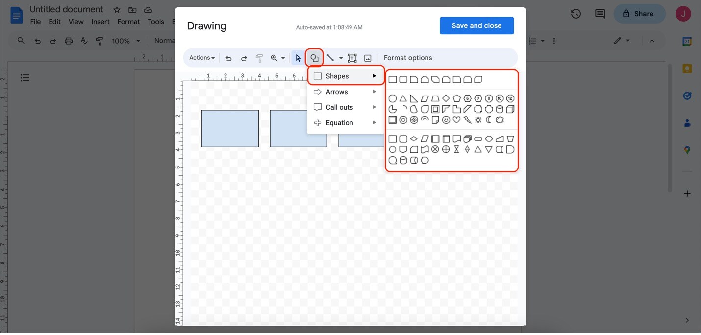 menu forme di disegno di google docs