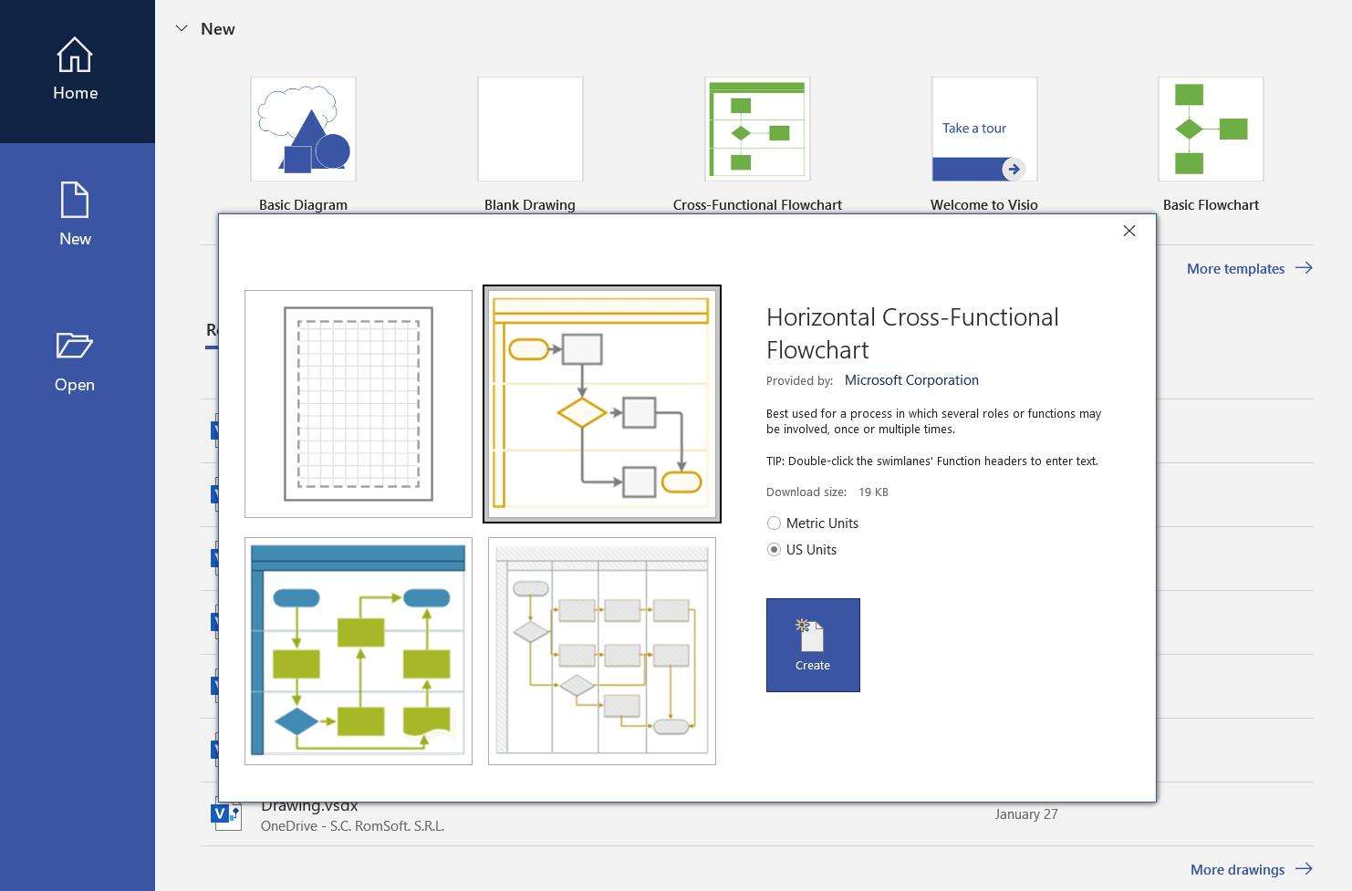 selection of flowchart type in visio
