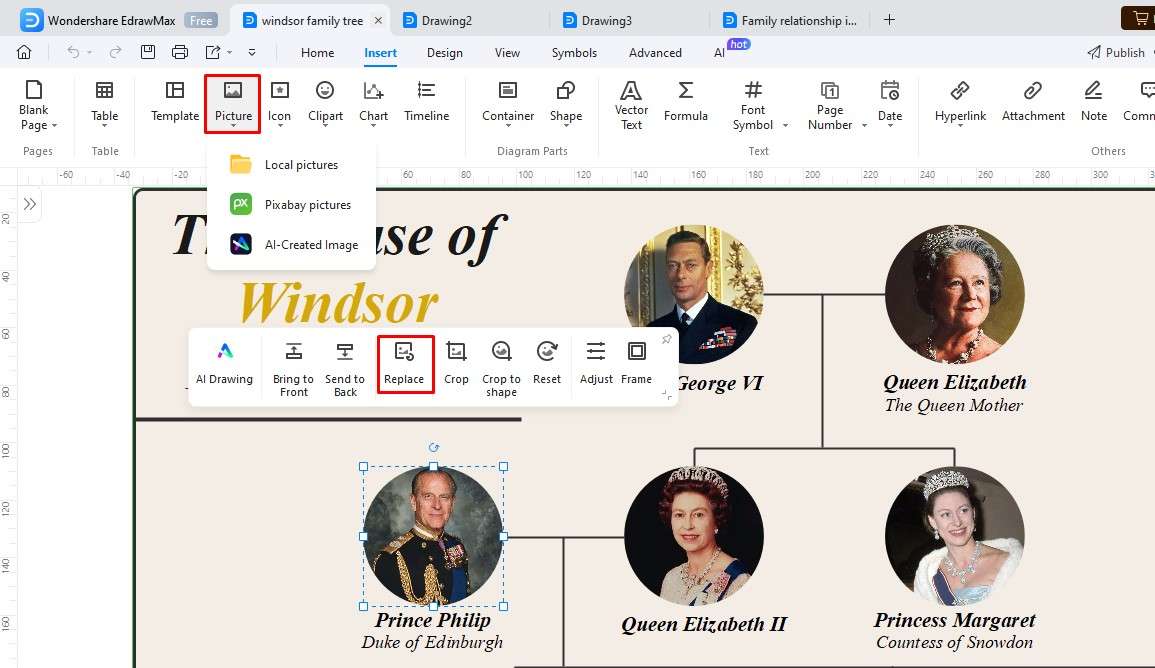steps of making a family tree: add-or-replace-images