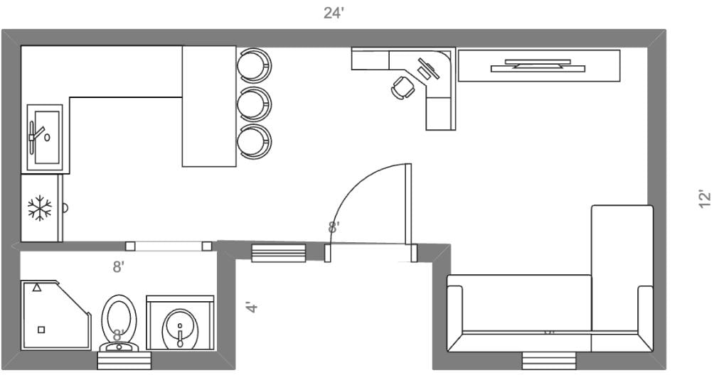 bathroom near kitchen