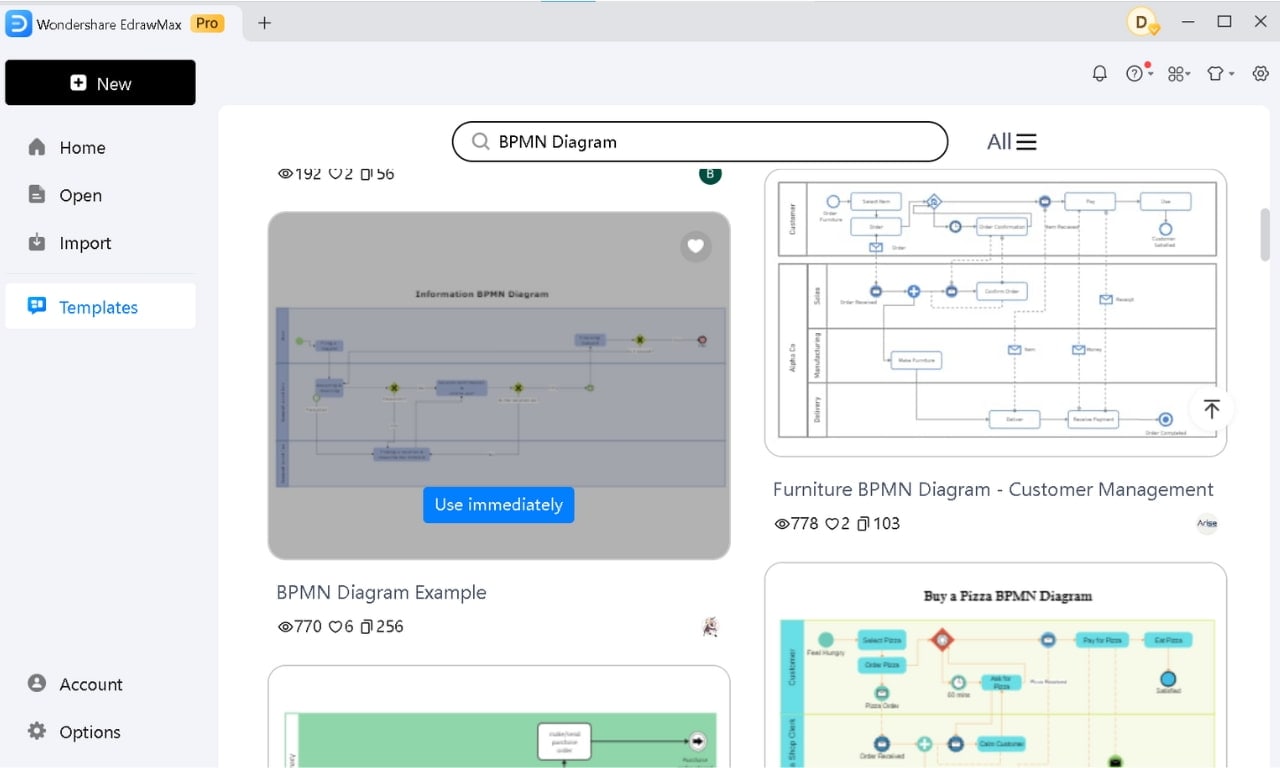 bpmn template selection