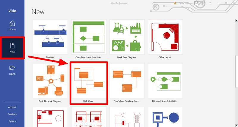 open visio and select class diagram to start with