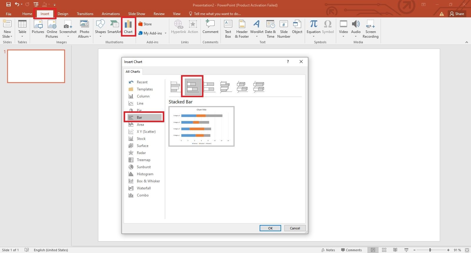 choose the stacked bar for a gantt chart