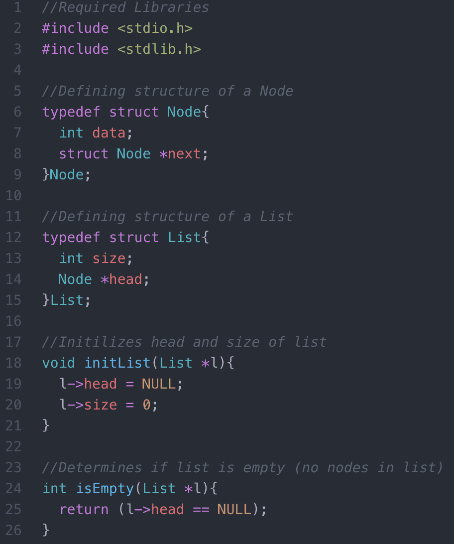 linked list program in c