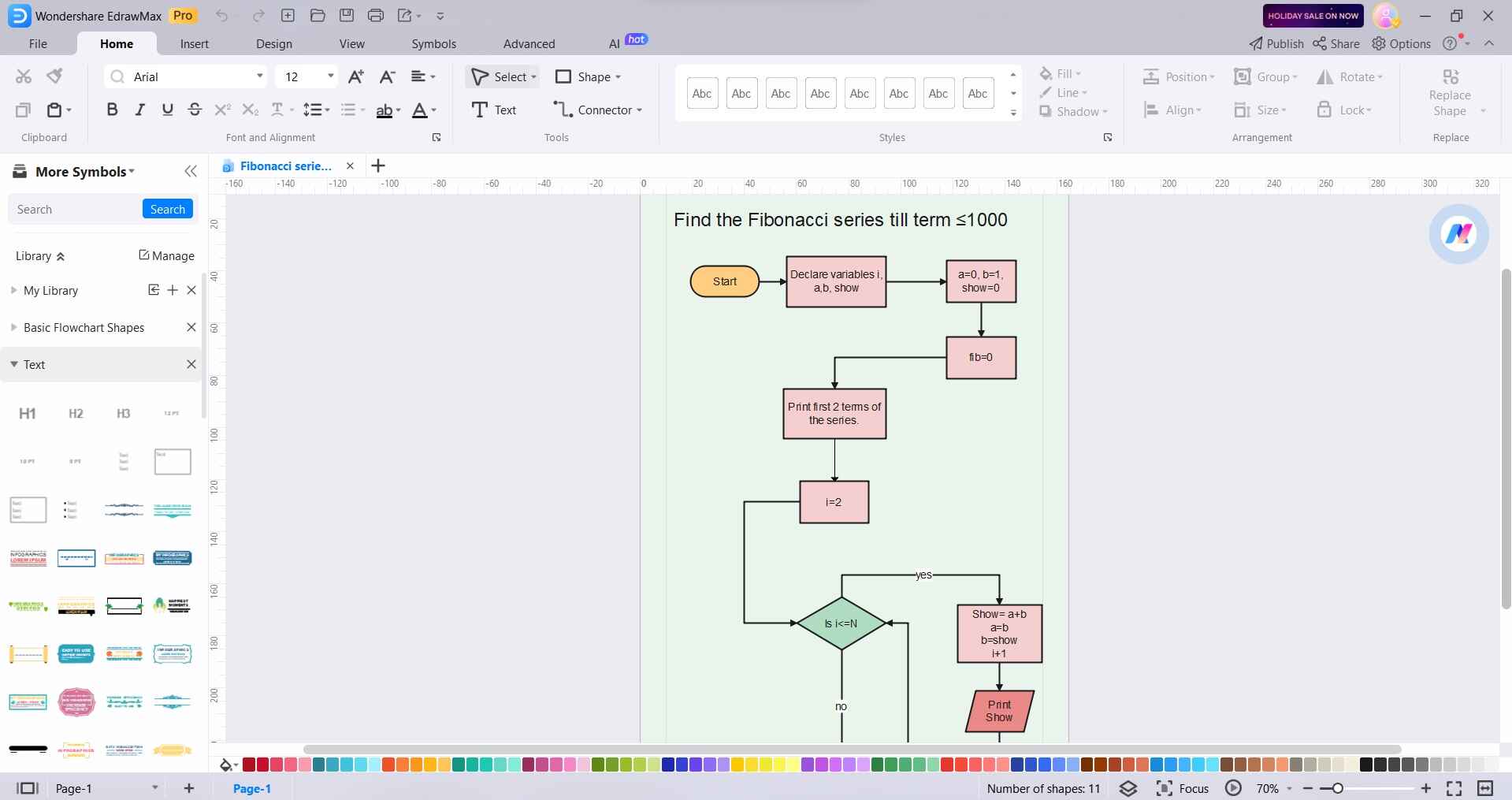 fibonacci series flowchart in edrawmax