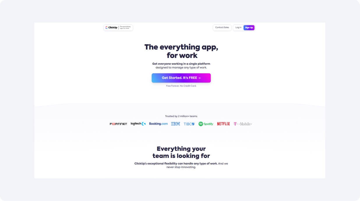 homepage of clickup