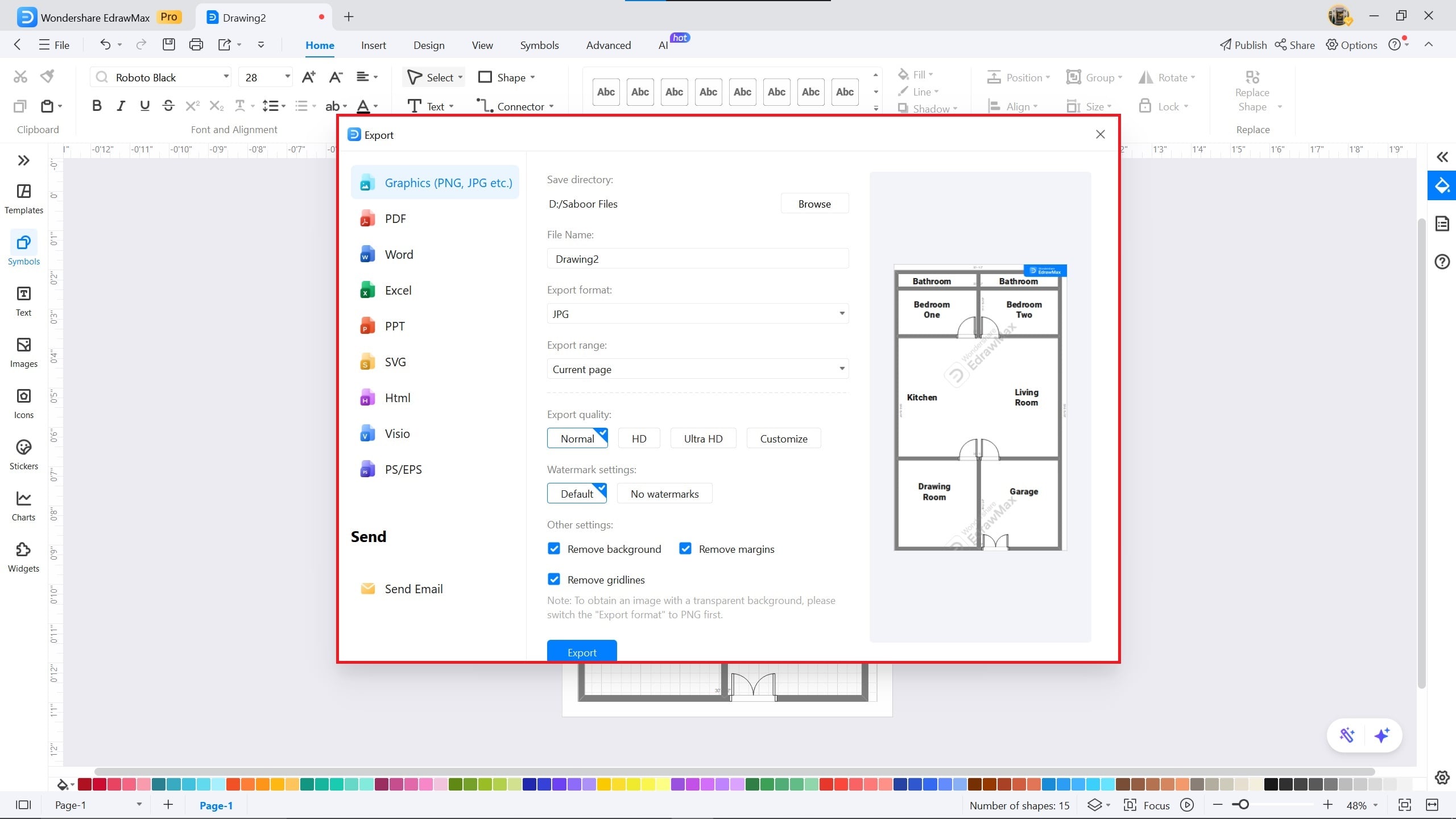 1500 sq ft plan example on EdrawMax