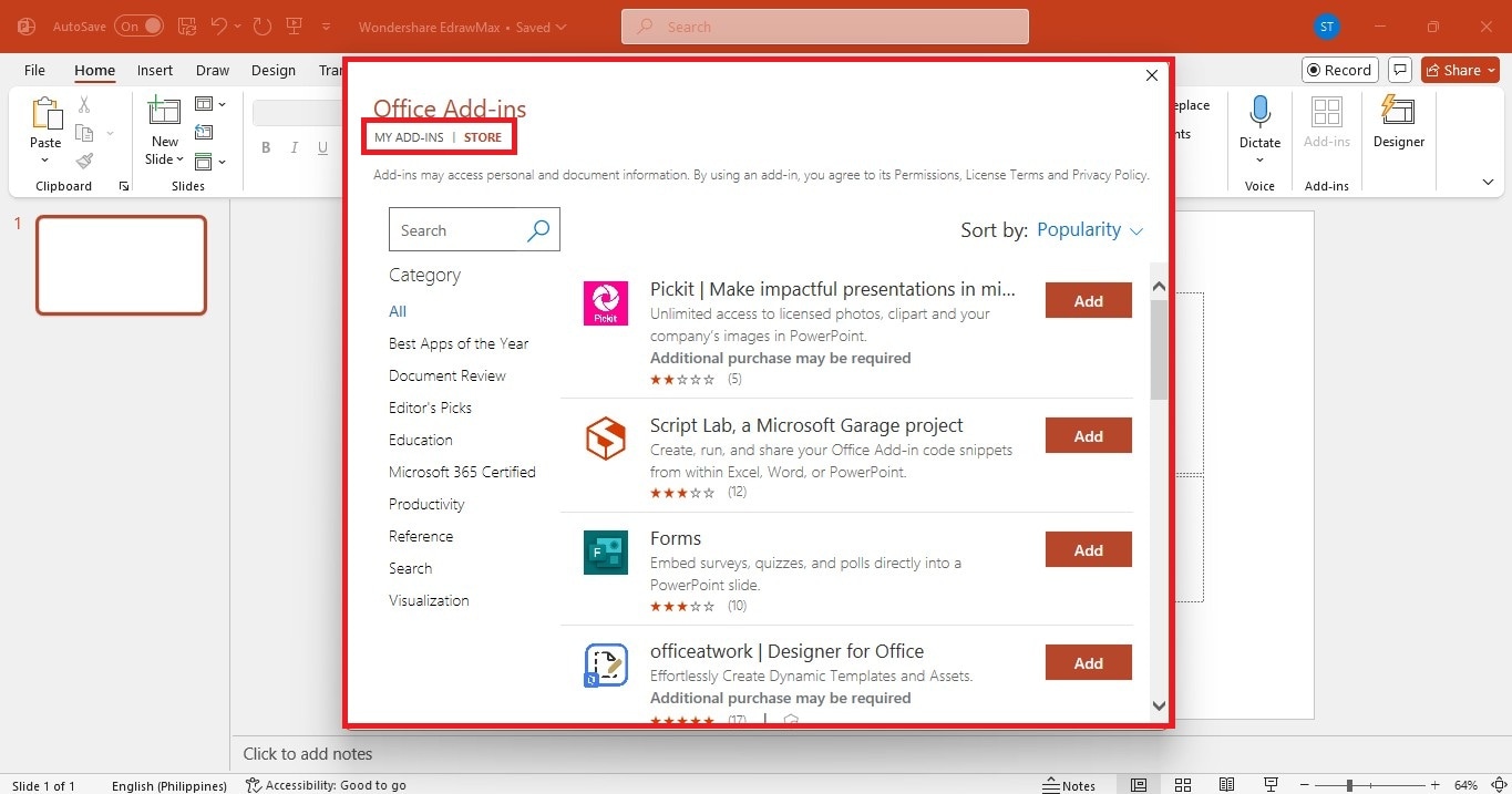 office add-ins store in powerpoint