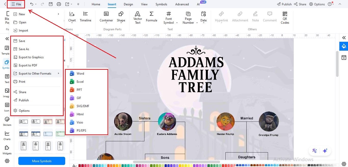 EdrawMax-Interface-save-and-export-family-tree