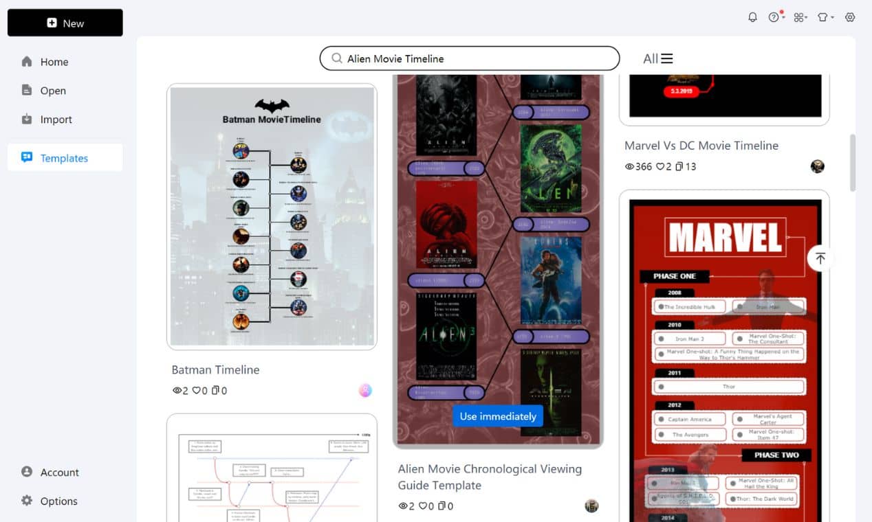 selecting the alien movie timeline template