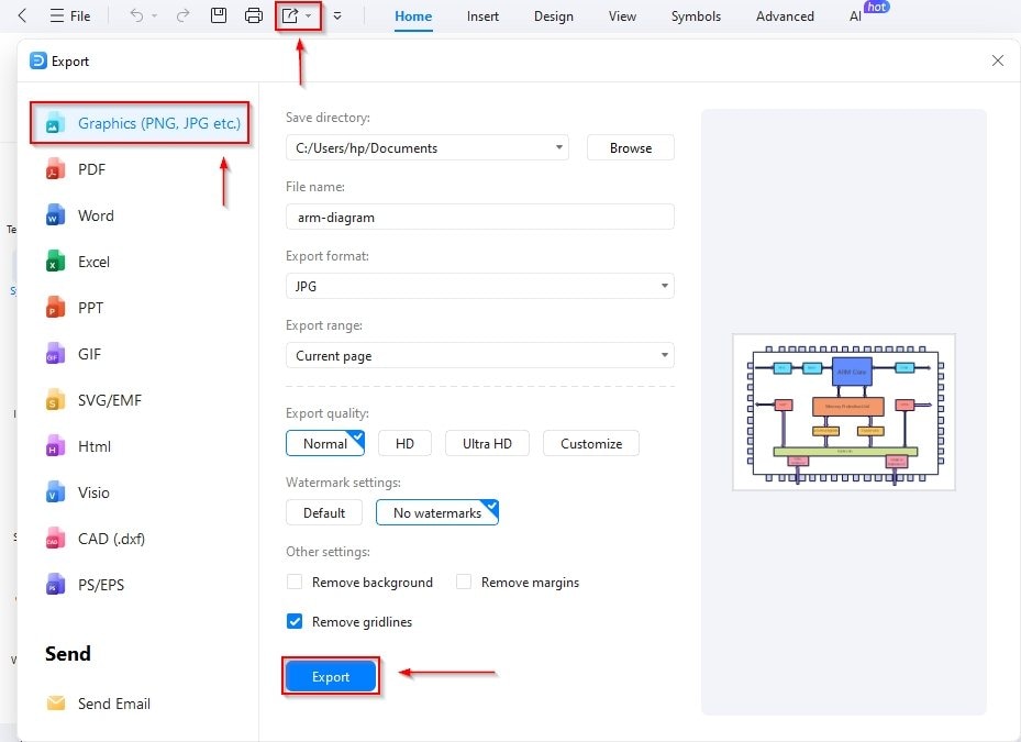 Export button-Export the file