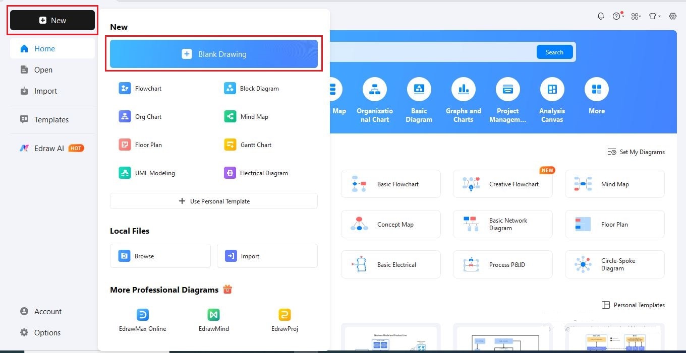 EdrawMax Interface - Open New Canvas