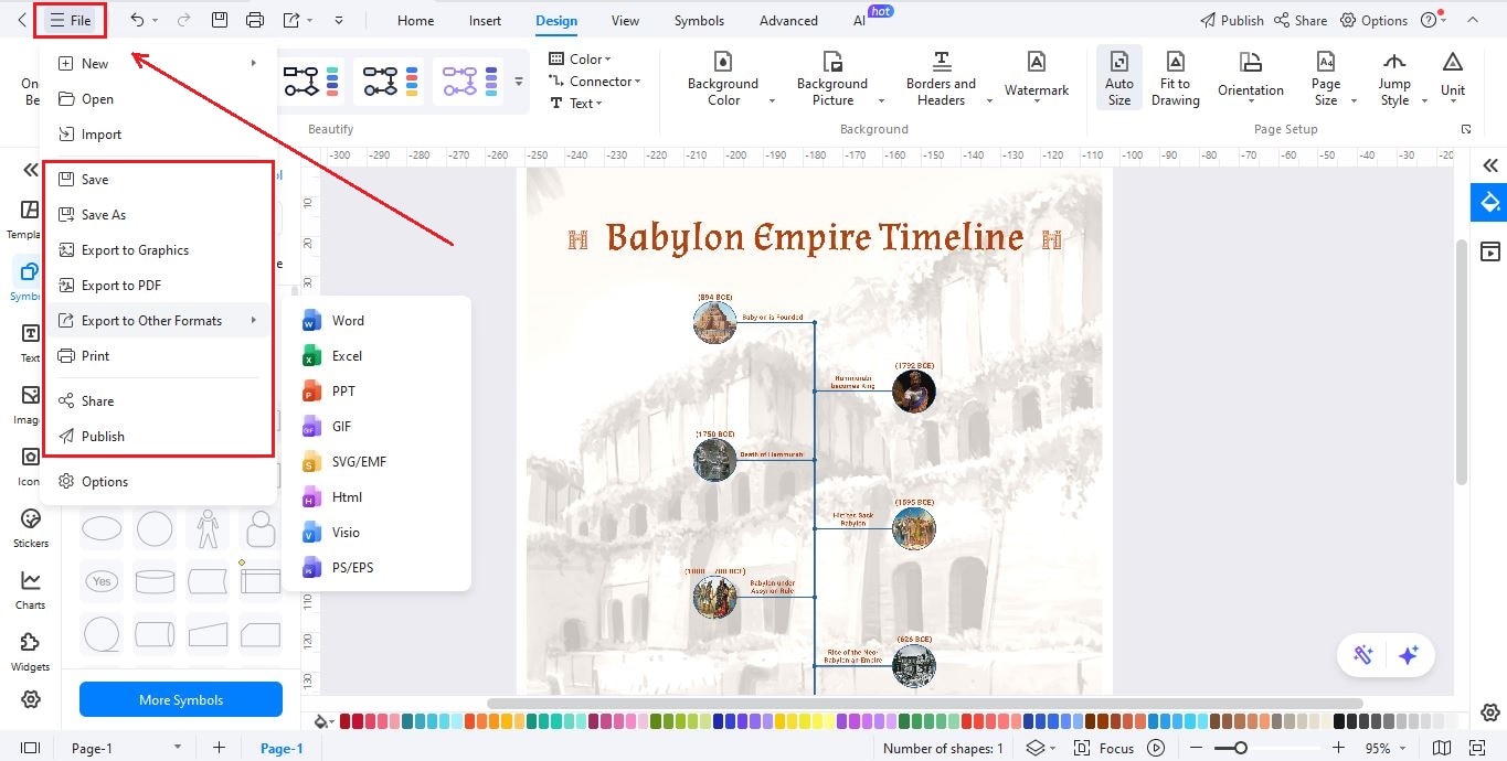 EdrawMax Interface - Save or Export Timeline