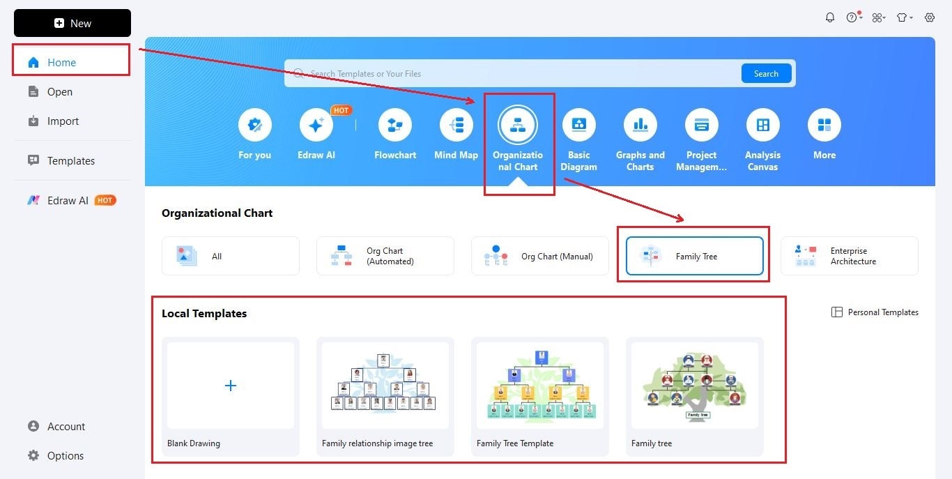 EdrawMax Interface-Sign-in and start family tree