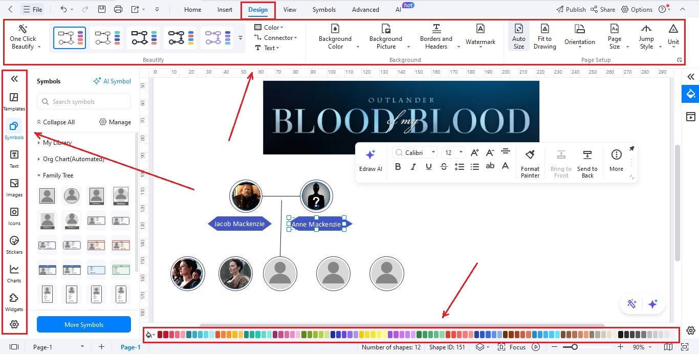 EdrawMax Interface-Customizing the design of the family tree