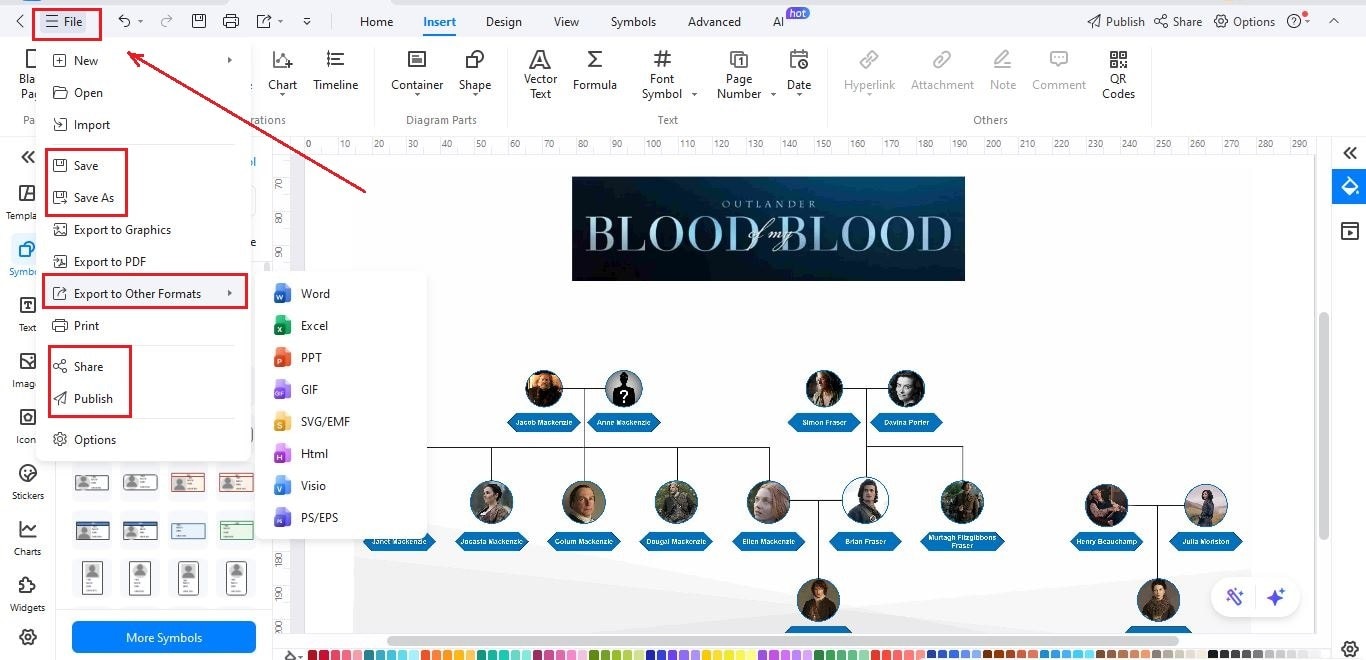 EdrawMax Interface-Saving and exporting the family tree
