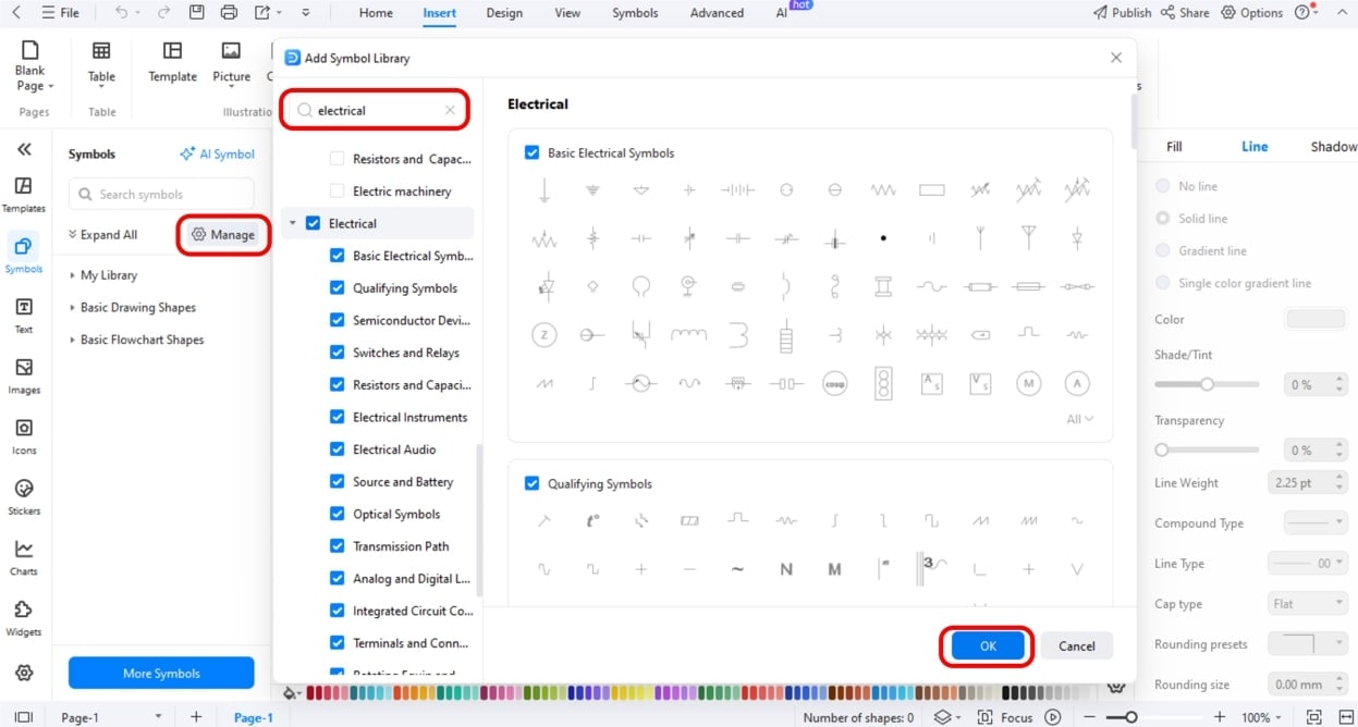 Add electrical symbols-Selecting symbol libraries in EdrawMax