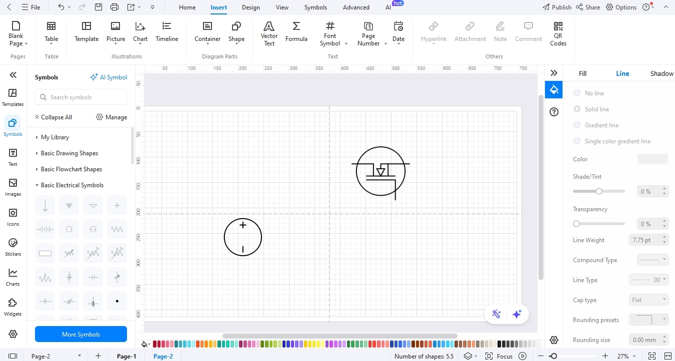 Add power components-Adding a DC power source and MOSFET to the canvas