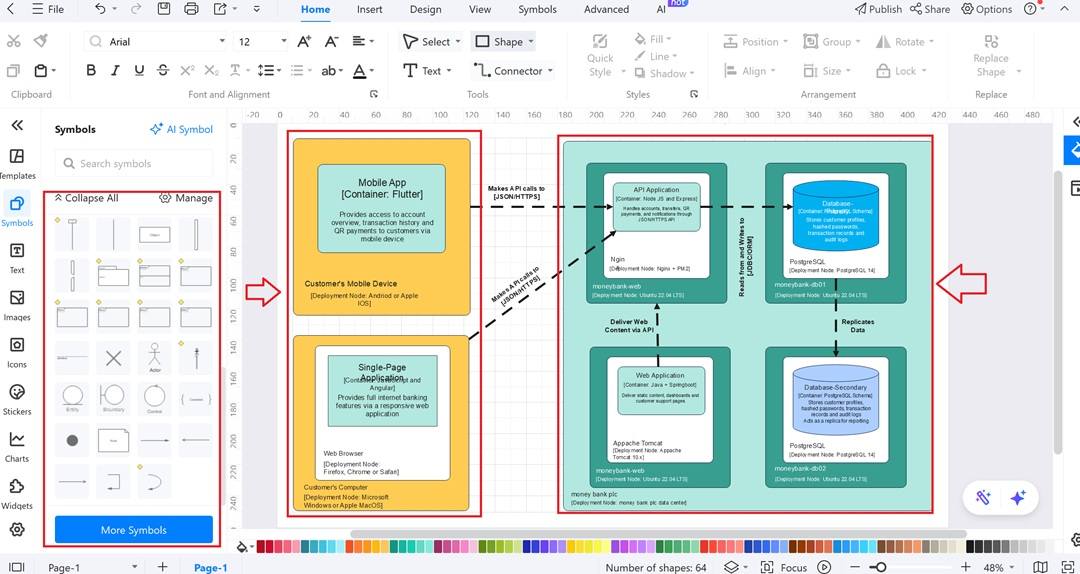 C4 diagram-adding nodes and connections in EdrawMax
