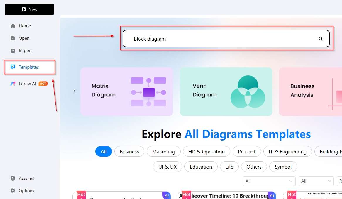 EdrawMax Template Gallery-Searching for block diagram templates