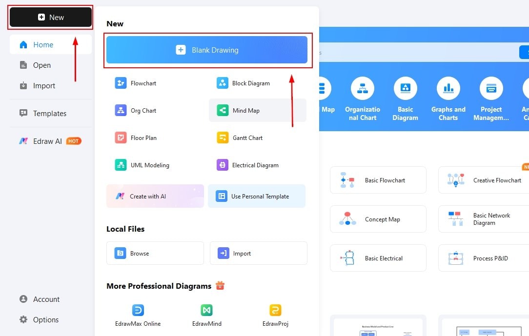 EdrawMax interface-Opening a new canvas