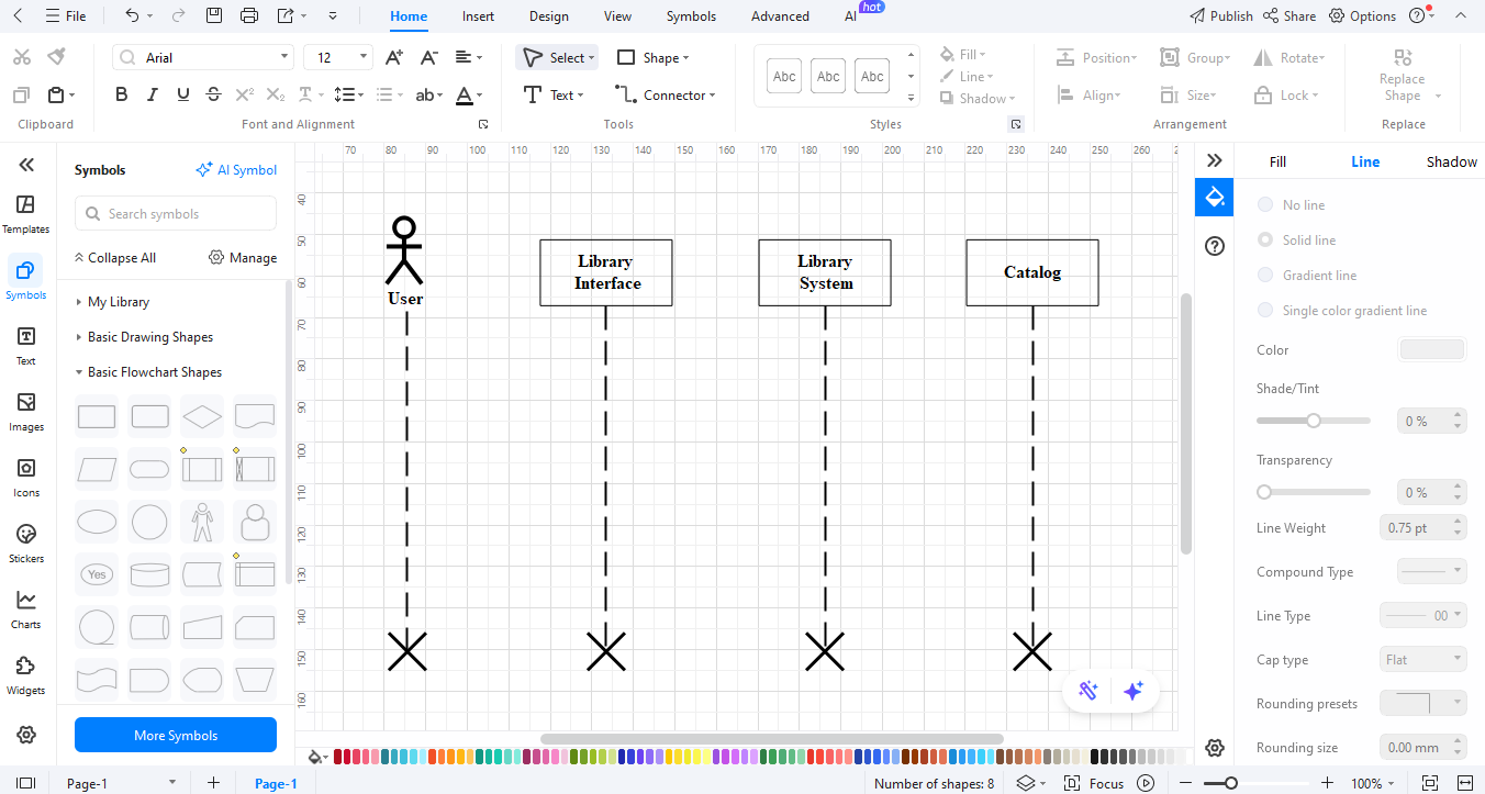 Arranging User, System, and Catalog lifelines on the EdrawMax canvas