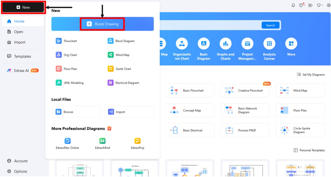 EdrawMax UI showing how to open a new blank drawing for a diagram
