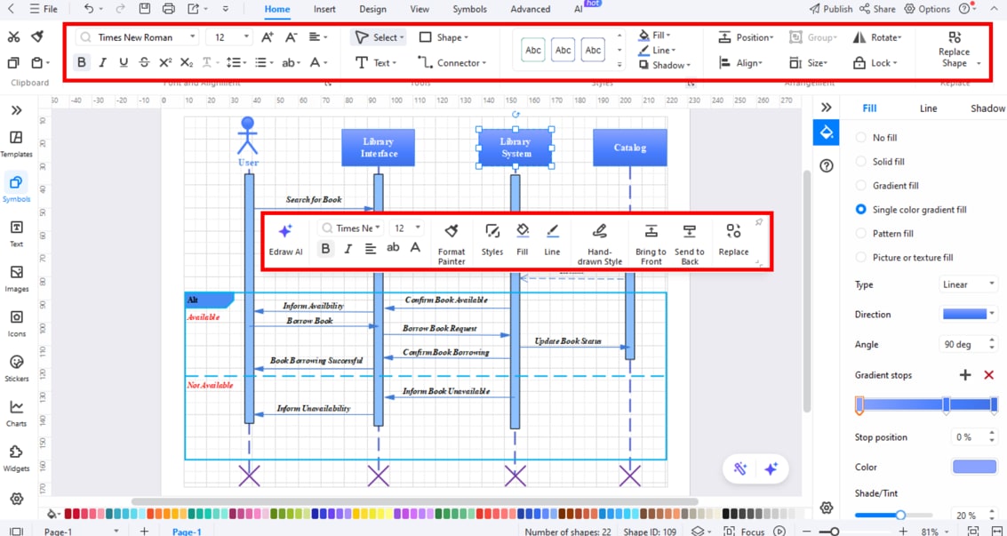Styling and reviewing the completed sequence diagram for clarity and alignment
