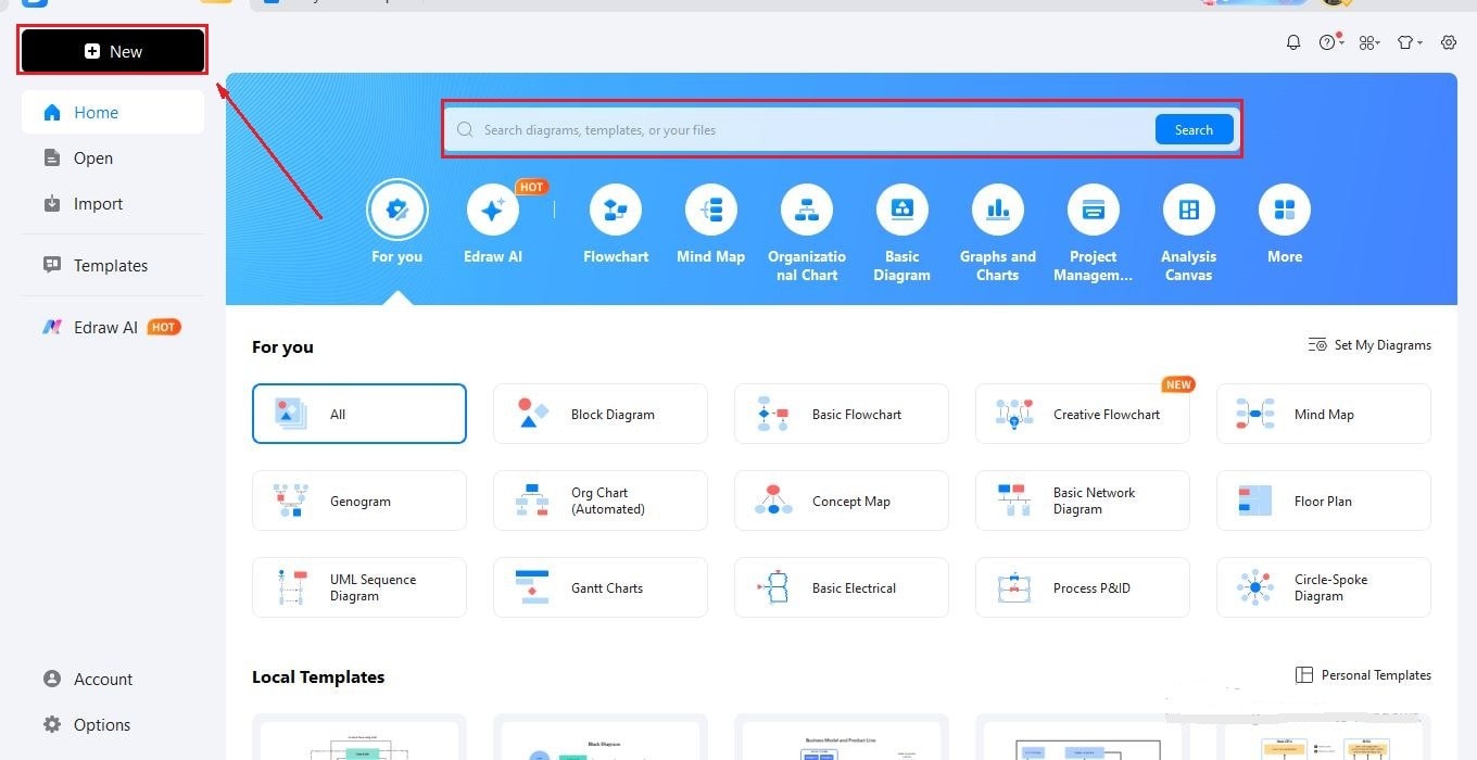 EdrawMax interface-create new file and add title