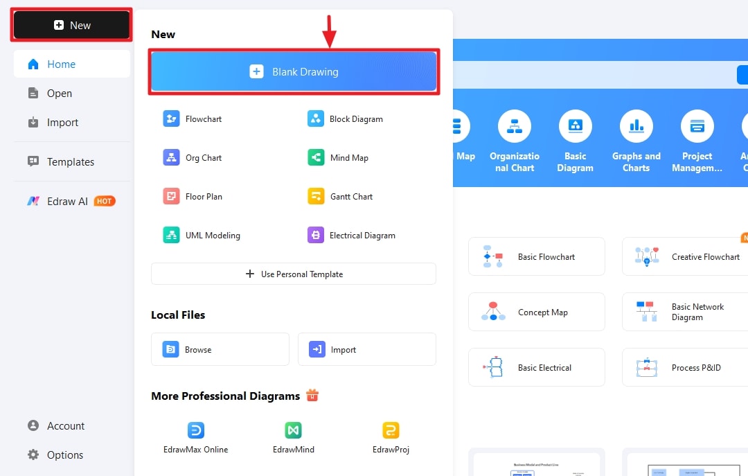 open EdrawMax - click new to open the canvas