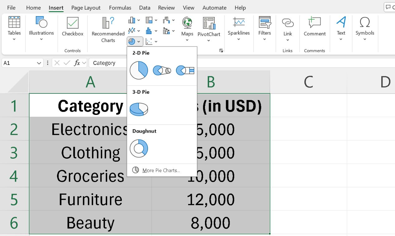 inserting pie chart in excel