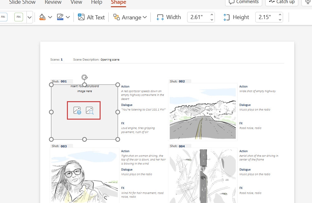 Uploading new images to PowerPoint storyboard