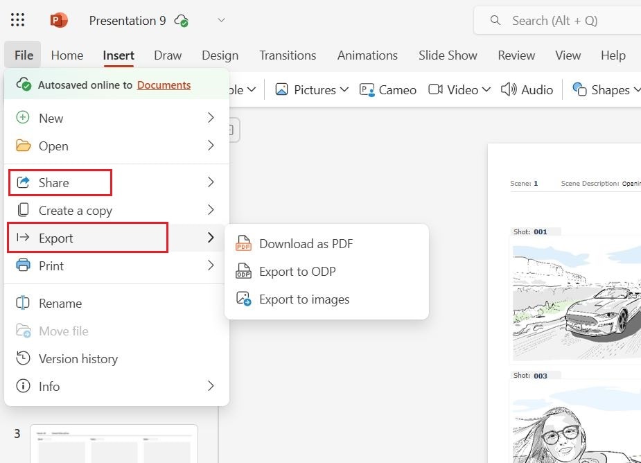 Saving the prepared storyboard presentation