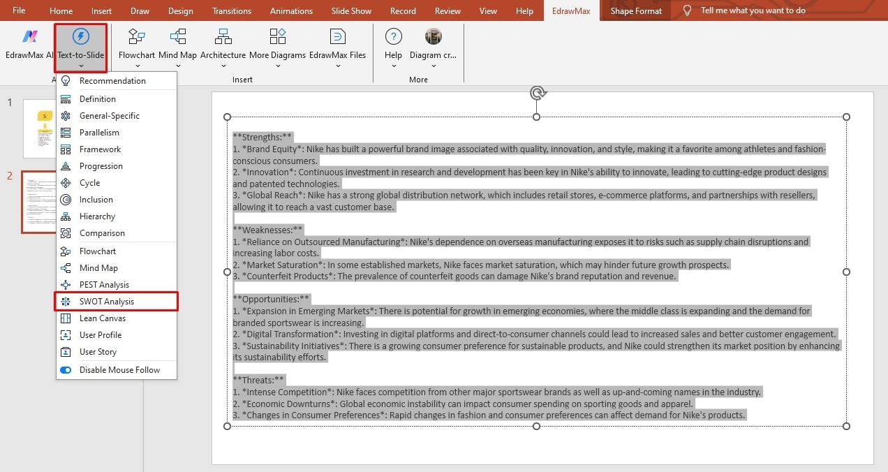 make a swot analysis diagram edrawmax ppt addin
