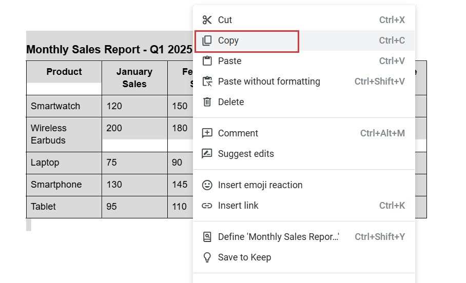 Copy the table from word